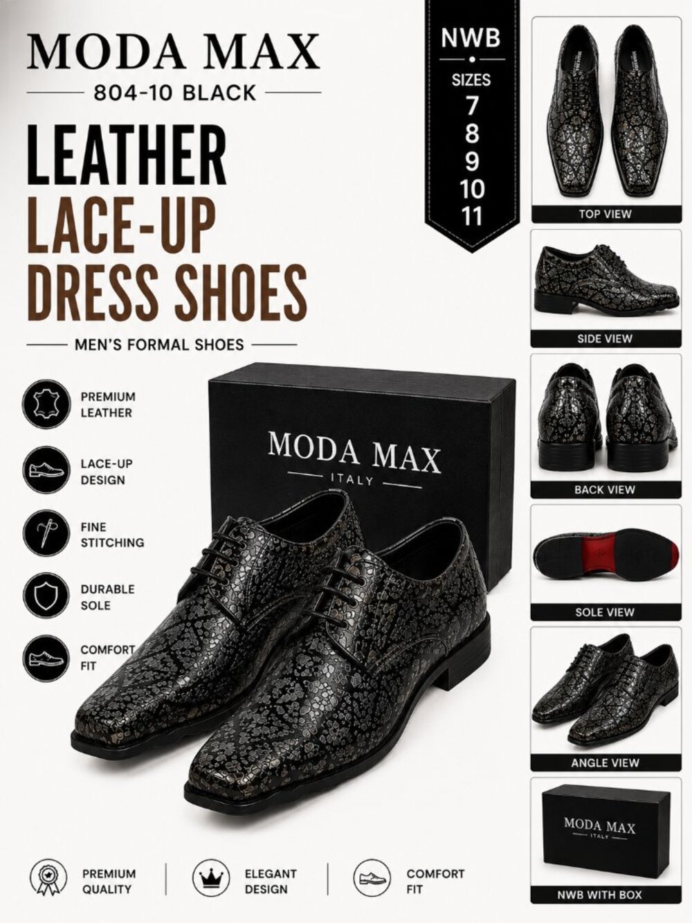 NWB Moda Max 804-10 Black Leather Lace-Up Dress Shoes Men's Formal Wedding